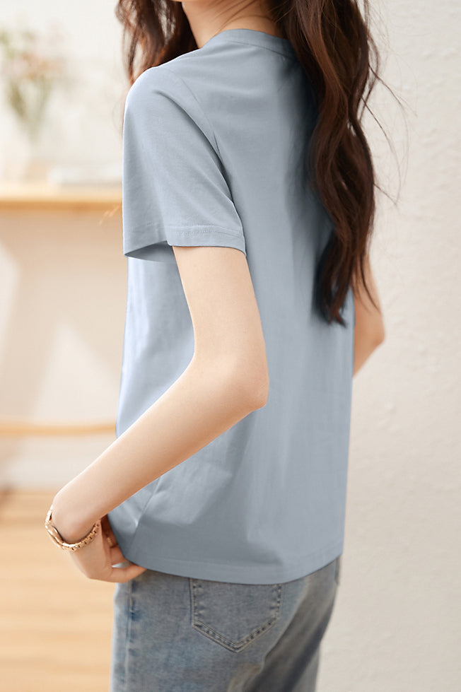 ラウンドネックフラワー刺繡Tシャツ - liwisi