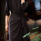 French Elegant Polka Dot Tie Waist Dress