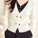 Faux Two-Piece Double Button Bi-Color V-Neck Knit