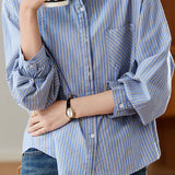 Casual Long Sleeve Shirt With Lapel And Vertical Stripes