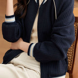 Casual Waffle Baseball Collar Color‑Block Striped Jacket