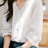 Scalloped V-Neck Button Decor Embroidered Blouse