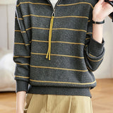 Casual Color‑Block Striped Drawstring Half‑Placket Knit Sweater