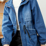 Stand Collar Zip-Up Denim Jacket
