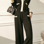 Elegant Contrast Color Patchwork Knit Top & Wide-Leg Pants Two-Piece Set - liwisi