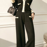 Elegant Contrast Color Patchwork Knit Top & Wide-Leg Pants Two-Piece Set - liwisi