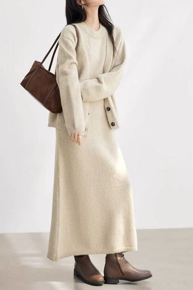 Stylish Slouchy Cardigan & Dress Two-Piece Set - liwisi