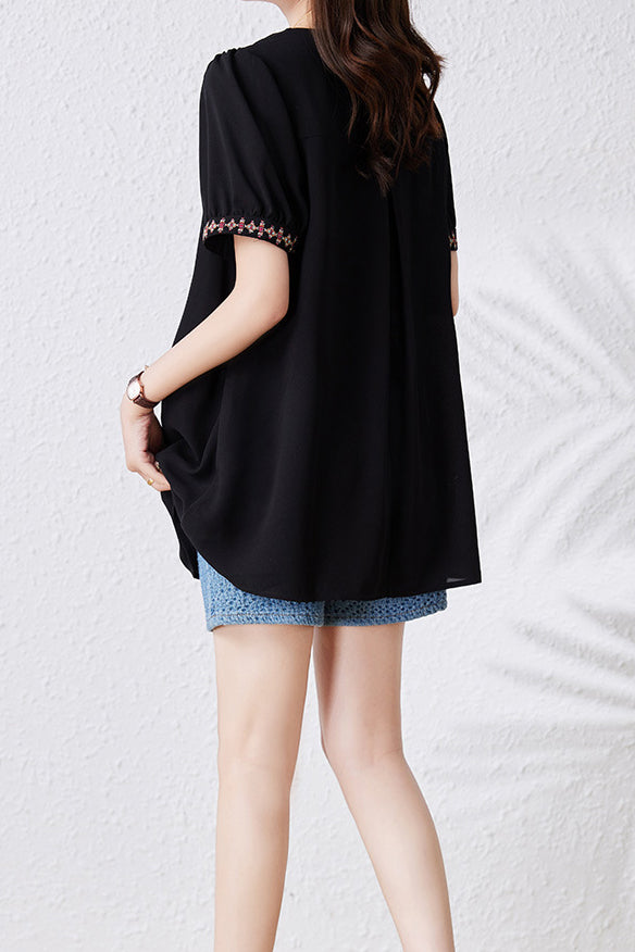 Vネックエスニック刺繍バックタックチュニック - liwisi