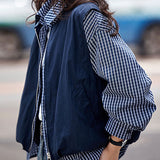 Casual Commuter Fake‑Two‑Piece Spliced Plaid Lapel Coat