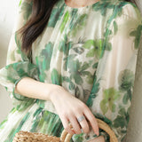Art Flower Print Gathered Puff Dress with Lining