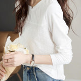 Round Neck Flower Embroidered Lace Contrast Blouse