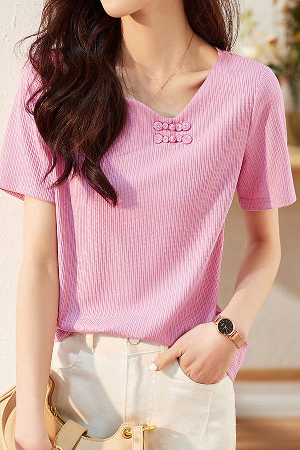 アシンメトリーVネックボタン装飾Tシャツ - liwisi