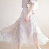 Elegant Commuter Satin Blouse & Gradient Flared Midi Skirt Two-piece Set