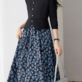 Exquisite Elegant V‑Neck Floral‑Print Fake Two‑Piece Long‑Sleeve Dress