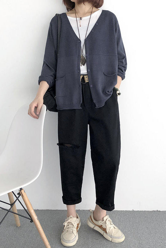 V-Neck Rib Knit Cardigan with Contrast - 5 Colors Available - liwisi