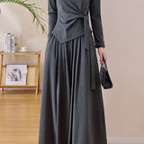 Casual Commuter Crew Neck Twisted Tie Long‑Sleeve Top Wide‑Leg Pants Set