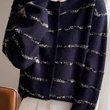Elegant French Crew Neck Striped Long-Sleeve Knit Cardigan