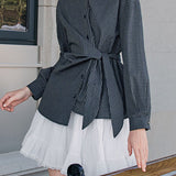 Elegant Casual Lapel Tie Waist Plaid Long-Sleeve Blouse