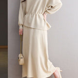 Elegant Round Neck Tie Long Sleeve Knit Top & Elastic Waist Midi Skirt Set