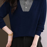 Elegant Commuter Lapel Color-Block Striped Fake Two-Piece Knit Top