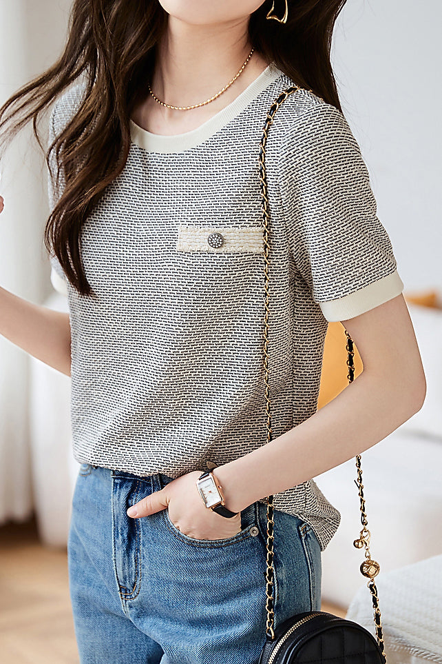 ポケット装飾ワッフル切替Tシャツ - liwisi