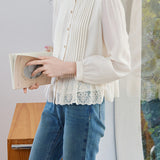 Exquisite Elegant Stand‑Collar Pleated Lace‑Spliced Long‑Sleeve Shirt
