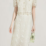 Elegant Delicate Lace Mesh Ruffled Blouse And Midi Skirt Two-piece Set