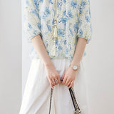 Casual Fresh Tie Waist Floral Printed Blouse