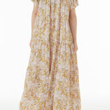 バンドカラー花柄ロングティアードワンピース　3色入 - liwisi