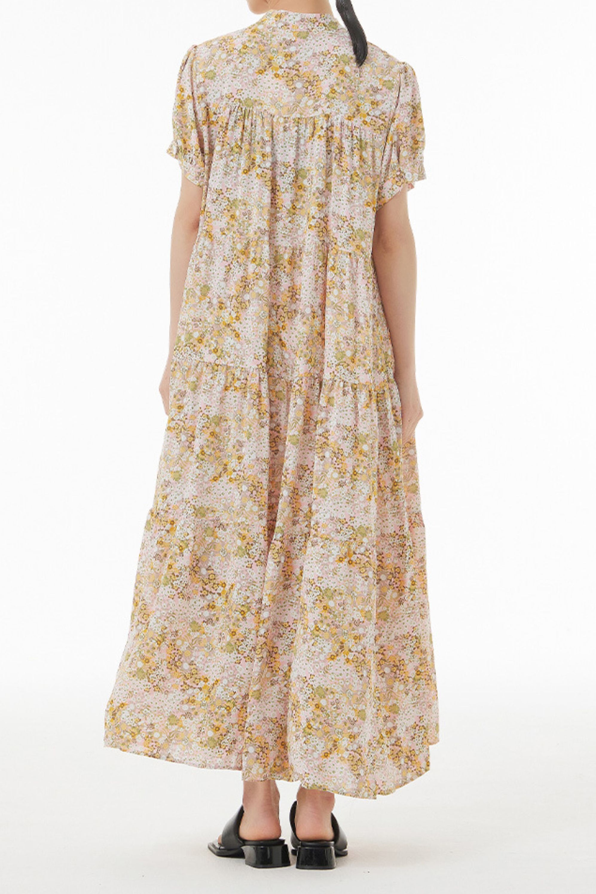 バンドカラー花柄ロングティアードワンピース　3色入 - liwisi