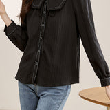 Ribbon Tie Stitch Decor Long Sleeve Blouse