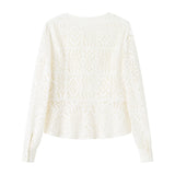 Round Neck Openwork Long Sleeve Cardigan with Lining - 2 Colors Available