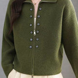 Elegant Commuter Lapel Zip & Button Long-Sleeve Knit Cardigan