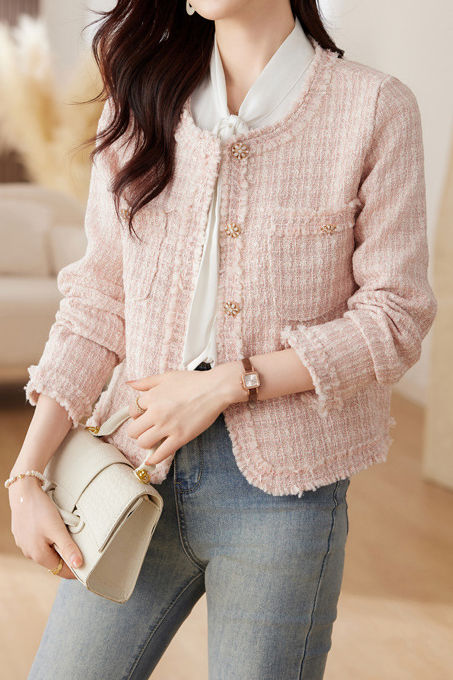 Elegant Tweed Short-Length Frayed Long-Sleeve Jacket - liwisi