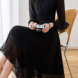 French Elegant Crew Neck Waist-Cinched Three-Quarter Sleeve Chiffon Dress