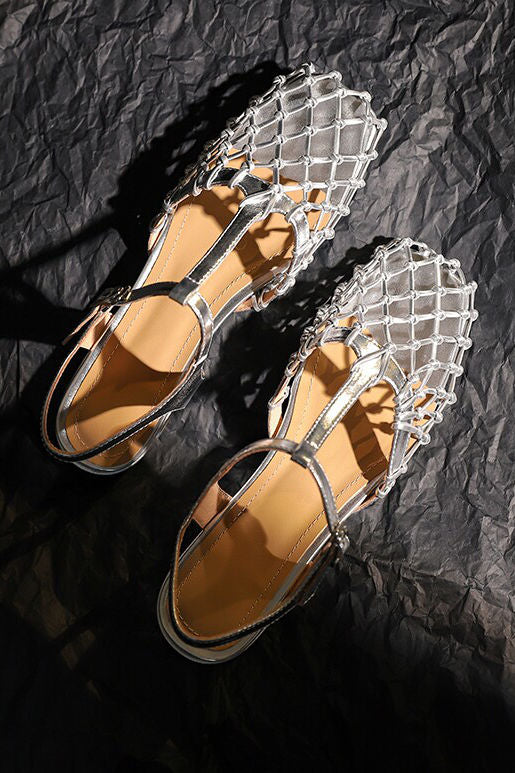 Retro Hollow Mesh Woven T-Strap Sandals - liwisi