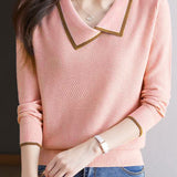 Contrast color hollow - out knitted sweater