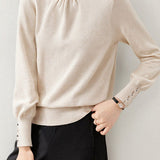 Elegant Knit Sweater With Ruffled Mock Neck And Bead Embellishment
