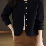 Elegant Crew Neck Knit Coat With Special-Shaped Buttons