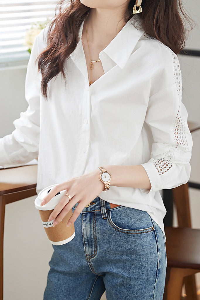 Sheer Lace Contrast Drop Shoulder Shirt - liwisi