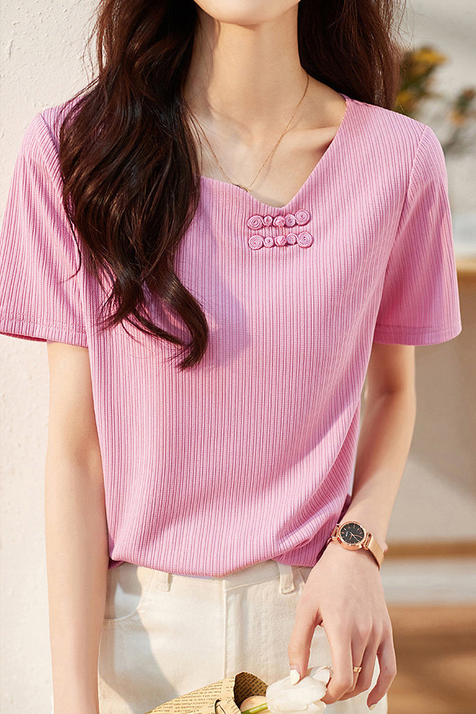 アシンメトリーVネックボタン装飾Tシャツ - liwisi
