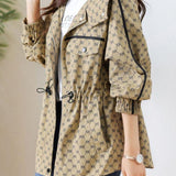Casual Commuter Hooded Printed Elastic‑Waist Long‑Sleeve Coat