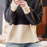 Casual Star‑Decorated Color‑Block Slit Knit Sweater