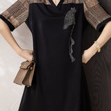 Side Rhinestone Decor Glen Check Contrast Dress