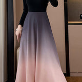 Exquisite Elegant Long-Sleeve Gradient Spliced A-Line Dress
