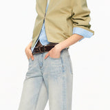 Casual Solid Color Zip‑Up Fake‑Two‑Piece Stripe Jacket