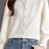 Exquisite Ruffled Stand-Collar Jacquard Blouse