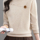 Elegant 3D Floral Asymmetric Topstitch Knit Sweater