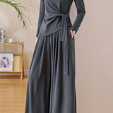 Casual Commuter Crew Neck Twisted Tie Long‑Sleeve Top Wide‑Leg Pants Set