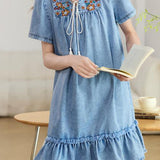 Casual Elegant U-neck Tie Embroidered Denim Dress